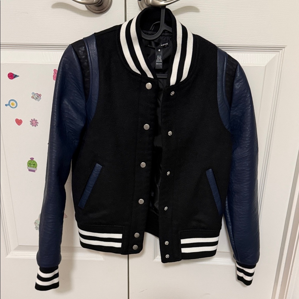 Aqua Black and Navy Wool-Blend Varsity Jacket